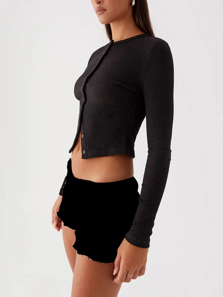 Ribbed Button Long Sleeve Top - Y2K Aesthetic