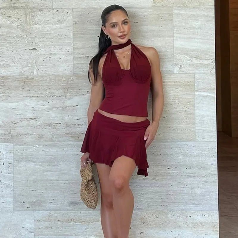 Strapless Ribbon Scarf Top And Mini Skirt Set