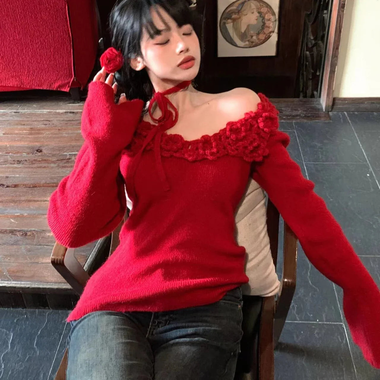 Red 3D Flower Off-Shoulder Long Sleeve Top
