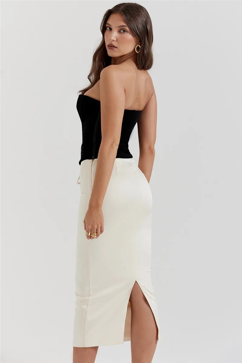 Black Lace Up Tube Top And White Satin Midi Skirt Set