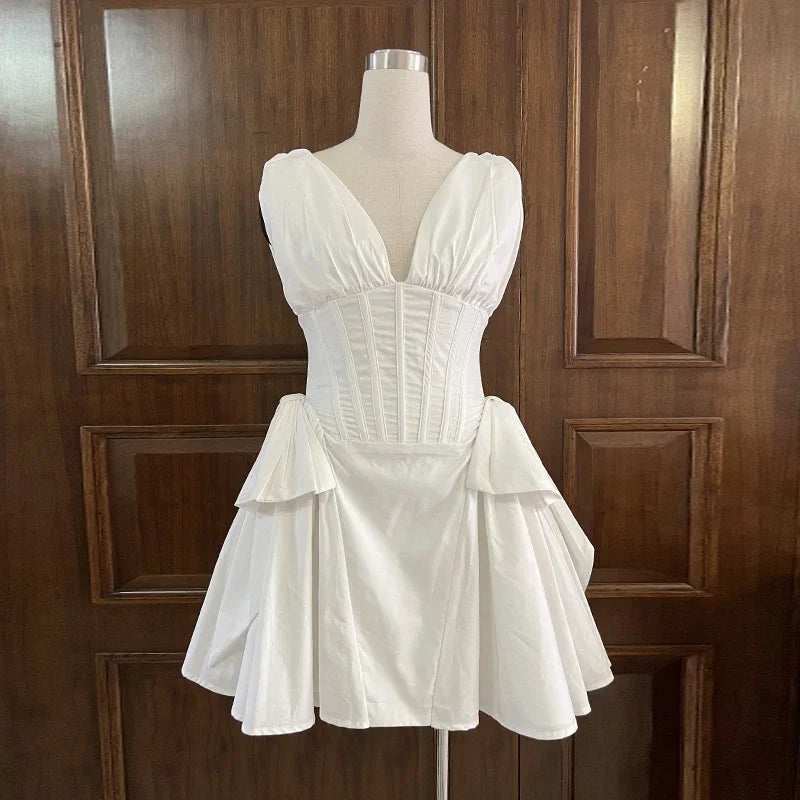 Red V-neck Pleated Mini Dress