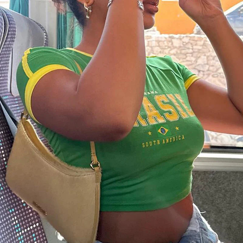 Green Brazil Flag Graphic Crop Top - Streetwear Regular Fit