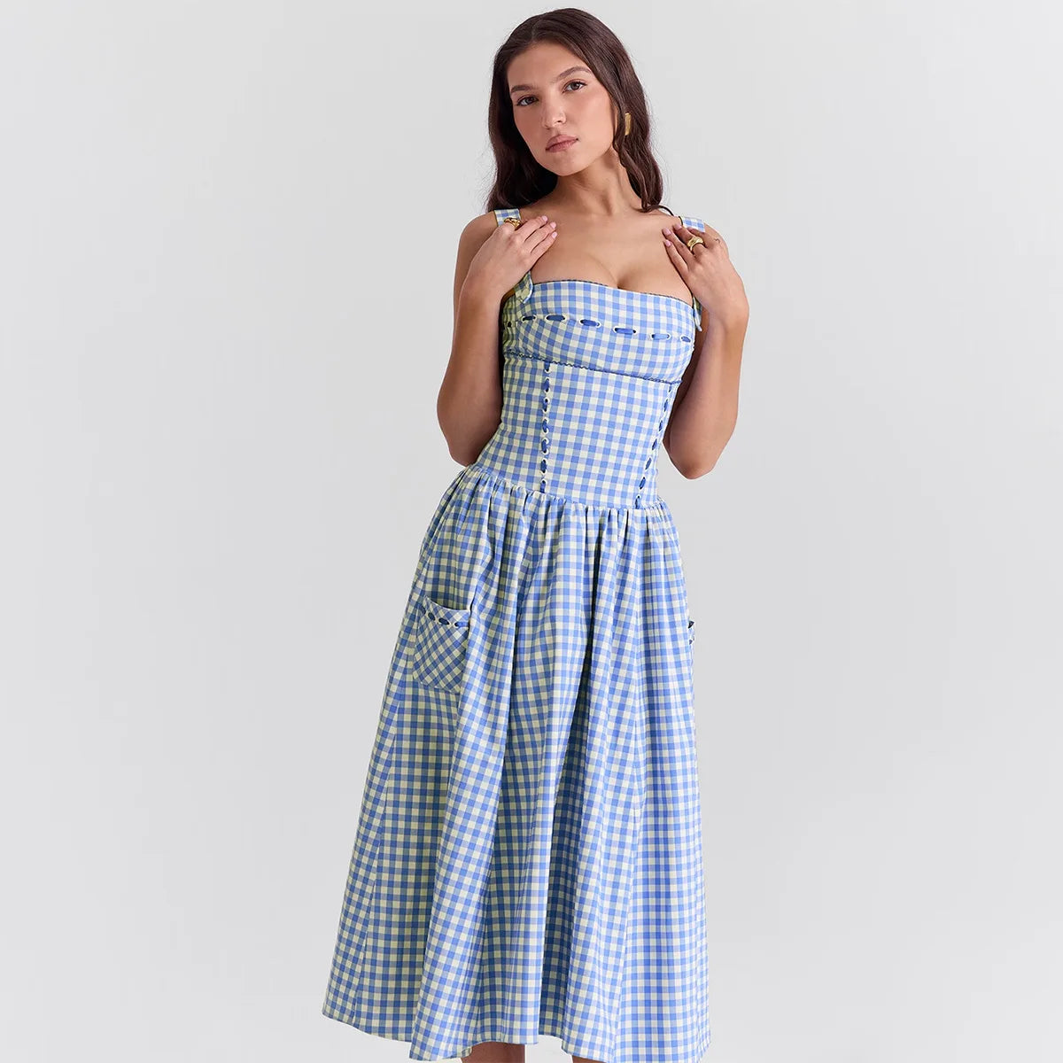 Blue Gingham Strap Midi Dress