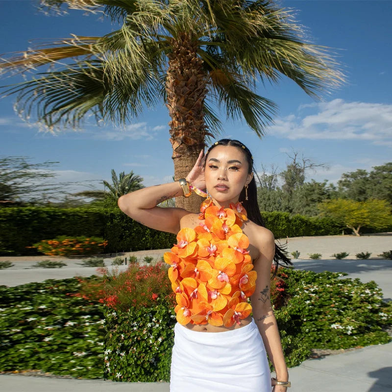 Orange 3D Floral Orchid Top - High Street Regular Fit