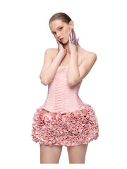 Pink Satin Corset And Frill 3d  Flower Mini Dress