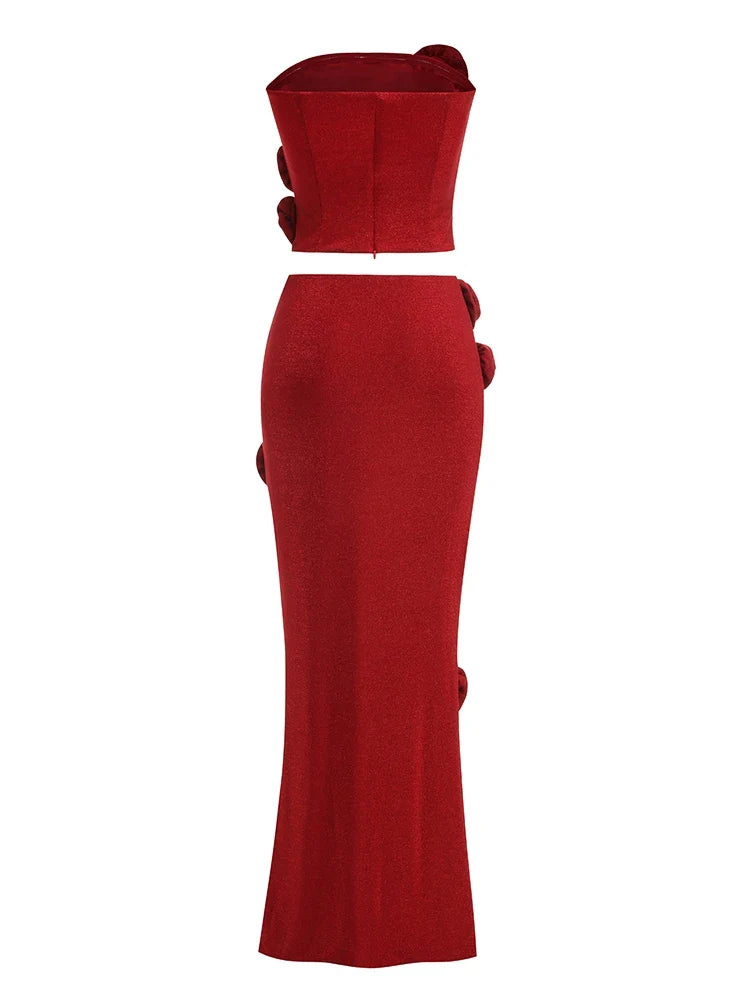 Red Flower 3d Tube Top And Maxi Skirt Two Piece Set