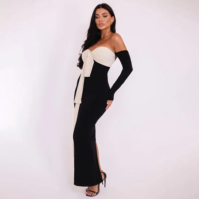 Black Patchwork Tie Up Off-shoulder Maxi Dress