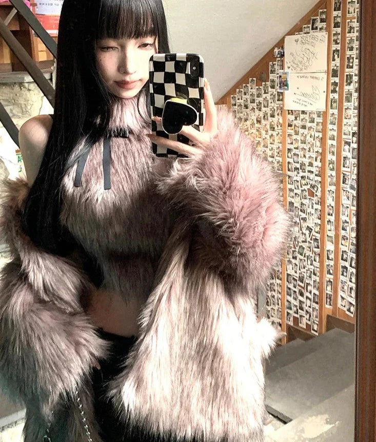Faux Fur High Collar Sleeveless Camisole Tank Top