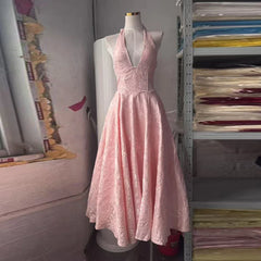 Satin Jacquard Deep Neck Print Flare Maxi Dress