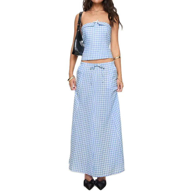 Blue Plaid Tube Top And Long Skirt Set
