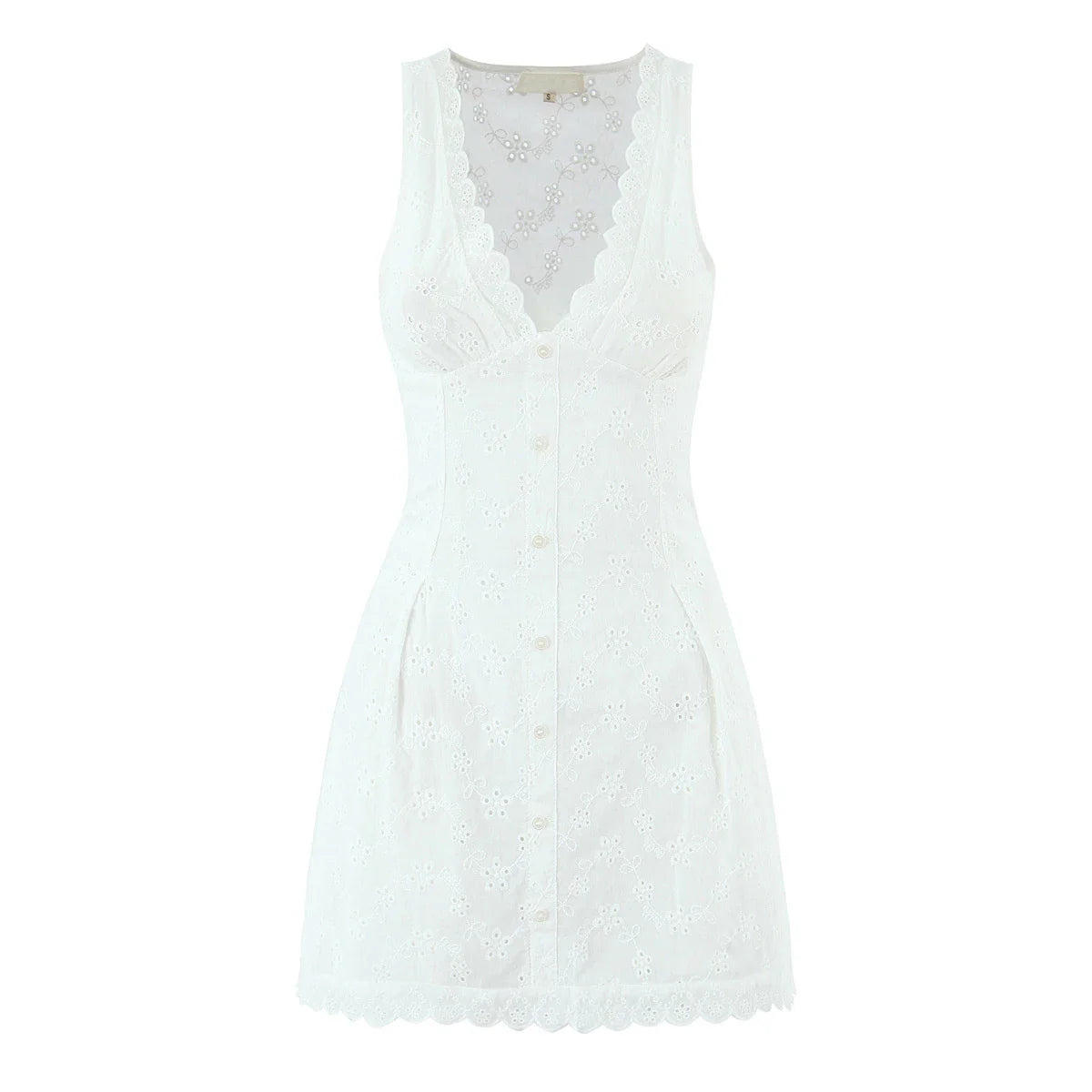White V-neck Doily Embroidery Mini Dress