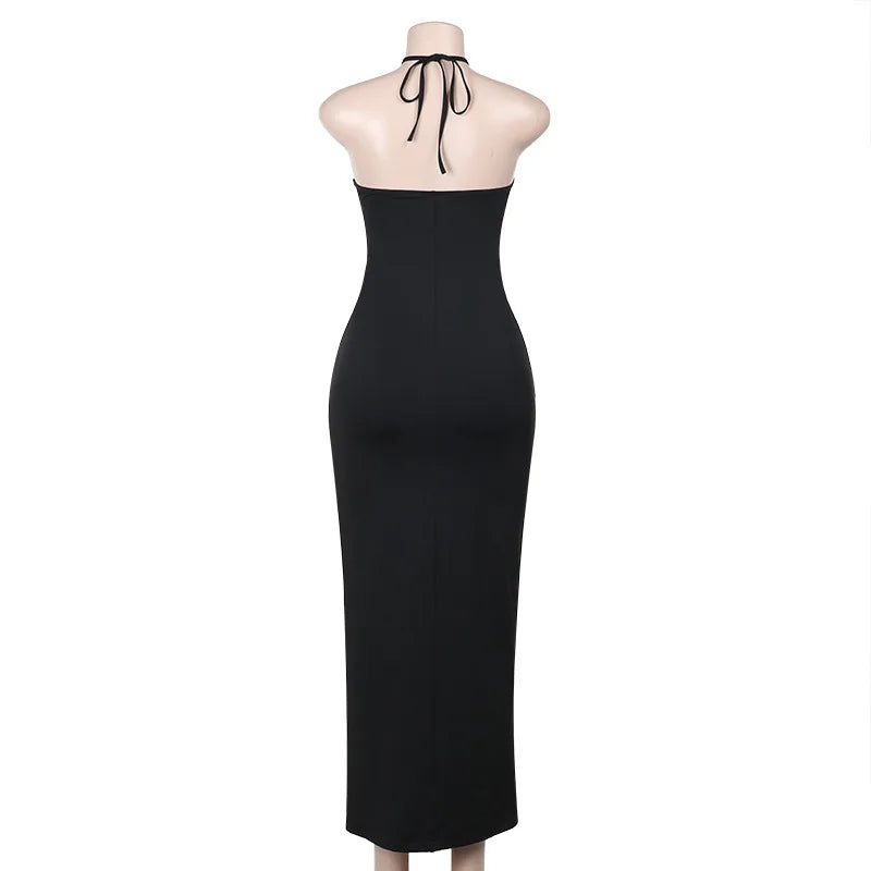 Black Mesh Patchwork Halter Bodycon Midi Dress