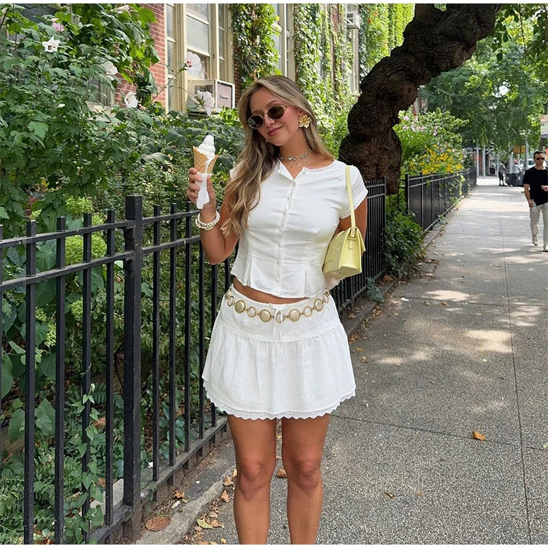 White Short Sleeve Top And Mini Skirt Set