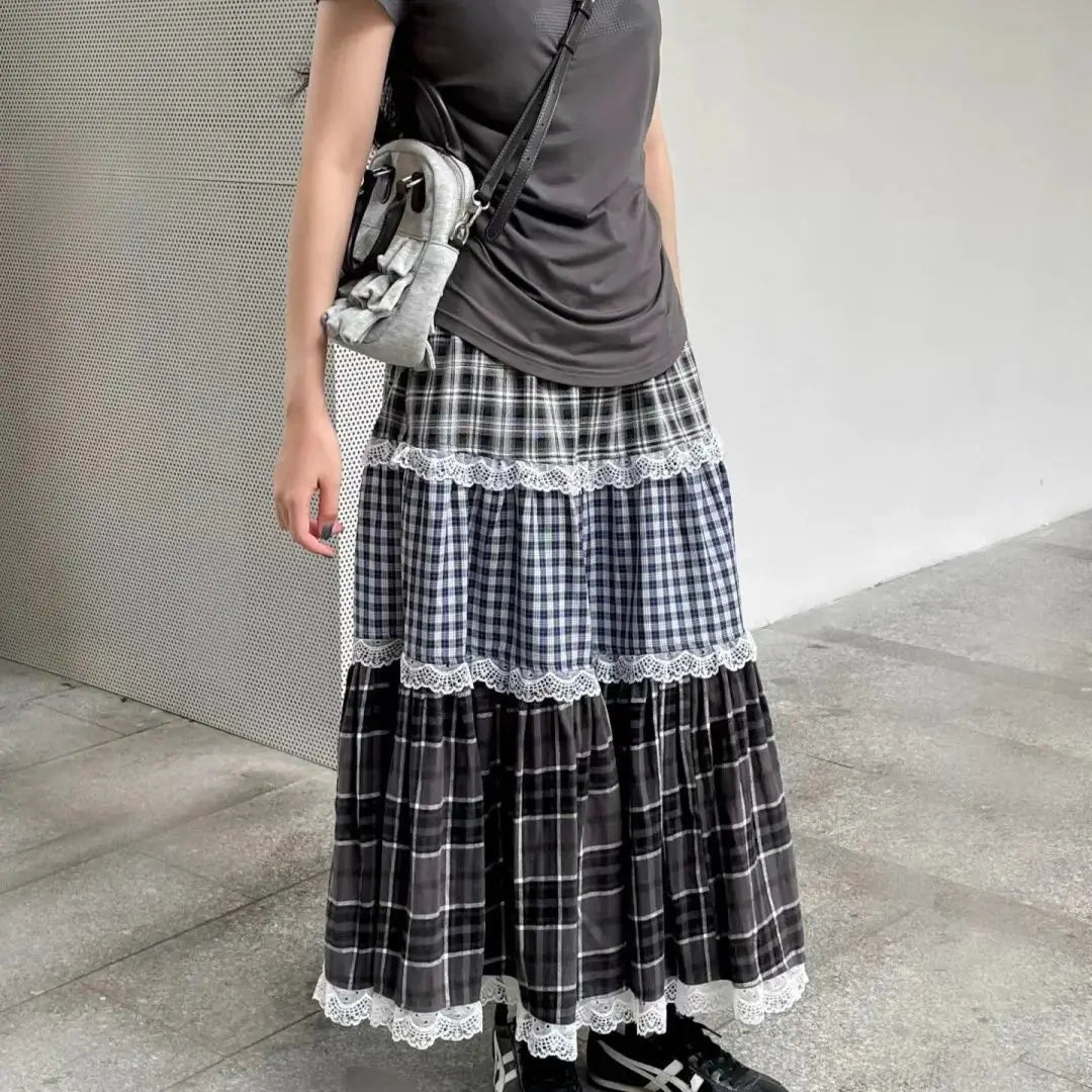 Patchwork Lace Plaid High Waist Skirt - Casual A-Line
