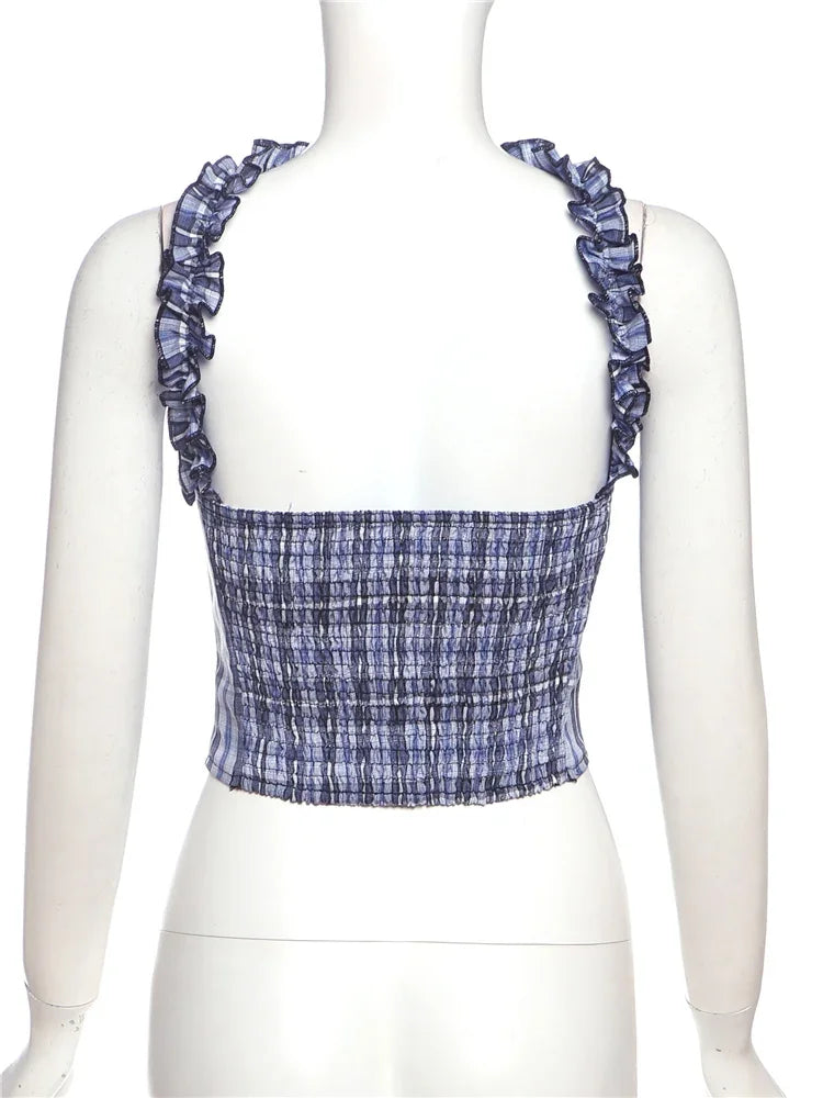 Blue Plaid Print Ruffled Edges Top