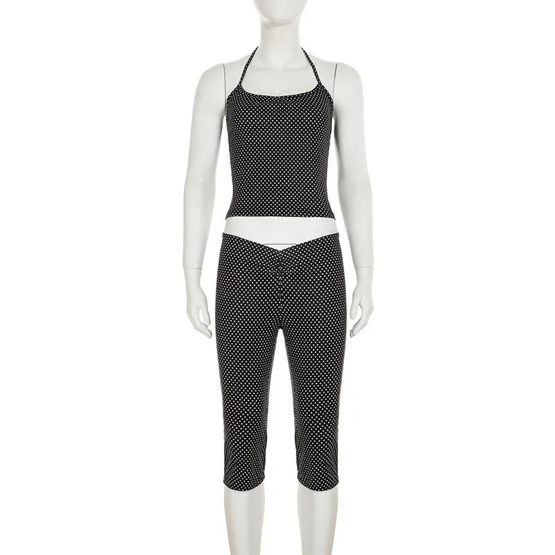 Black Polka Dot Cami Top And Capri Pants Set