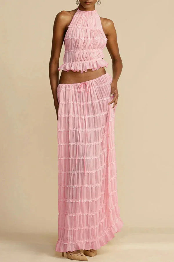 Halterneck Ruched Open Back Tie Up Top And Maxi Skirt Set