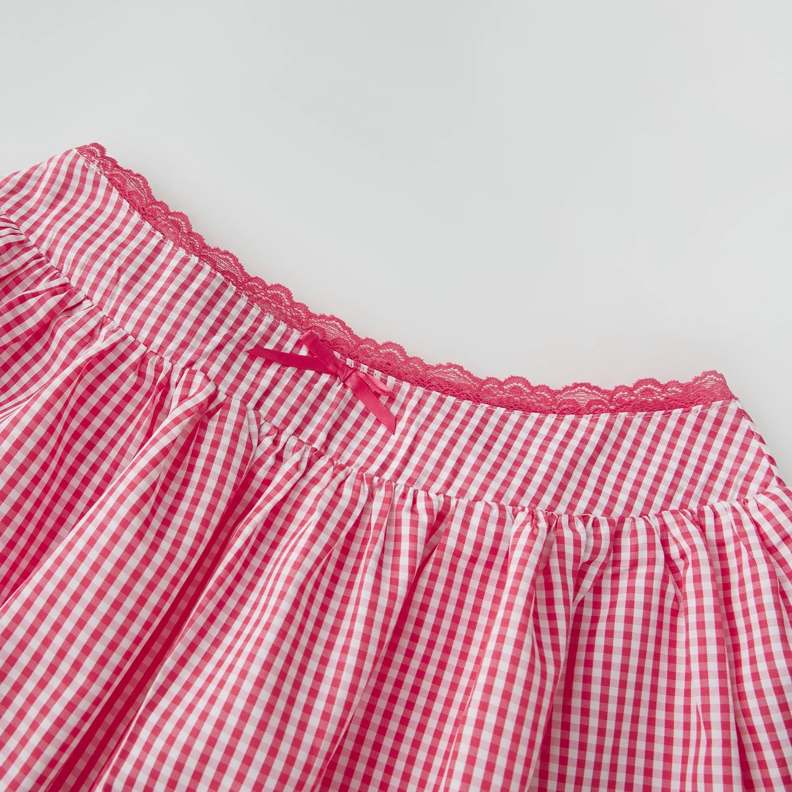 Red Plaid  Off Shoulder Puff Short Sleeve Crop Tops And Mini Bubble Skirt Set