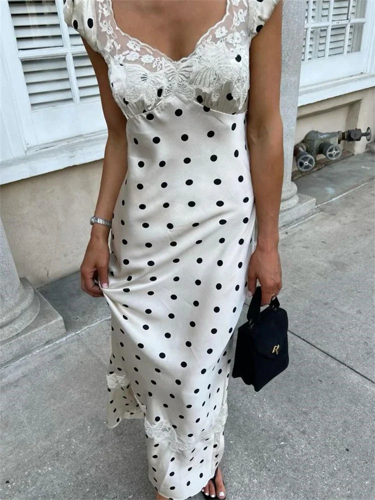 White Satin Polka Dot Maxi Dress