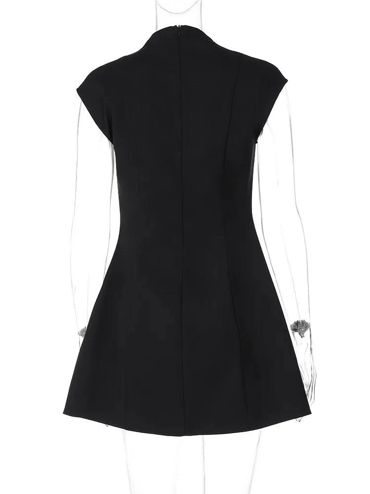 Black Deep Neck Short Sleeve Solid Mini Dress