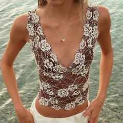 Flower Embroidery V Neck  Mesh Crop Top