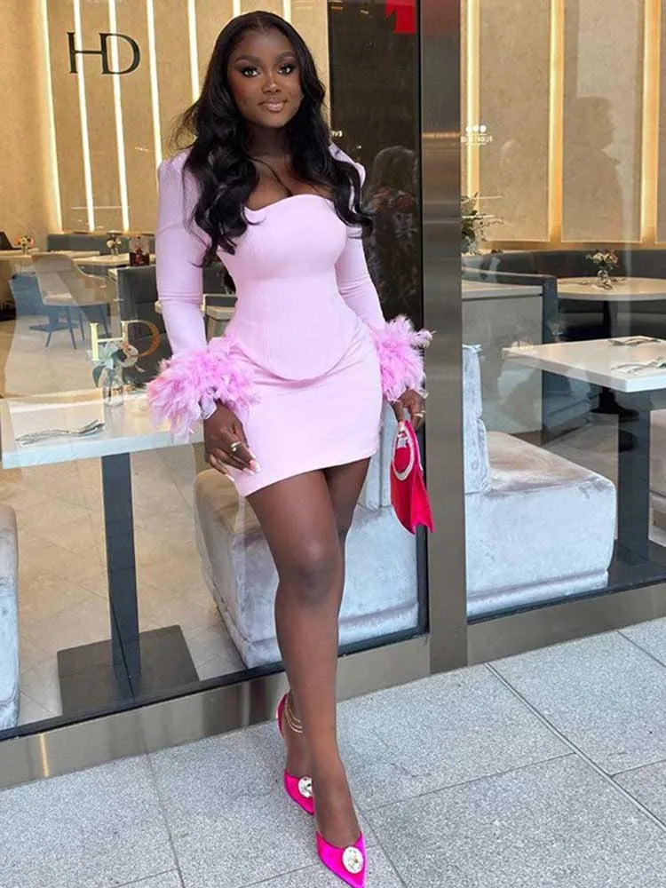 Pink Fur Long Sleeve Crop Top And Mini Skirt Set