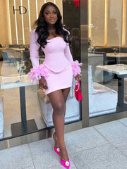 Pink Fur Long Sleeve Crop Top And Mini Skirt Set