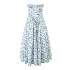 Blue Floral Corset Strapless Midi Dress