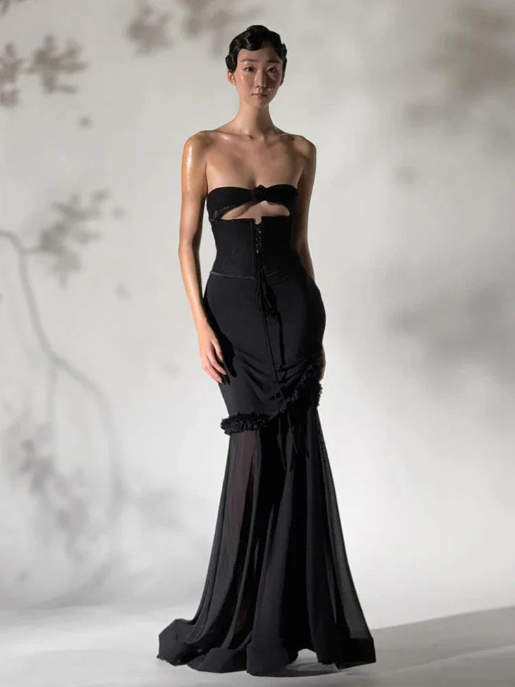 Strapless Cut Out Mesh Corset Ruffles Maxi Dress