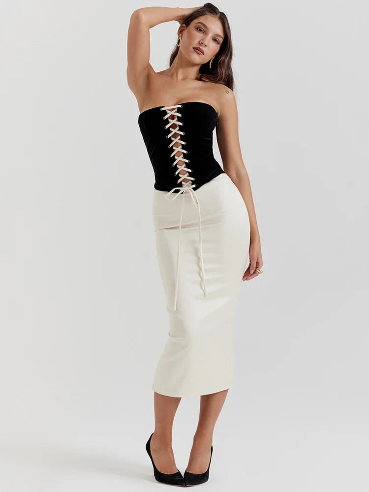 Black Lace Up Corset Top And White Satin Midi Skirt Set