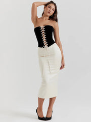 Black Lace Up Corset Top And White Satin Midi Skirt Set