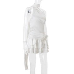 White Satin Halter Frill Flower Drape Mini Dress