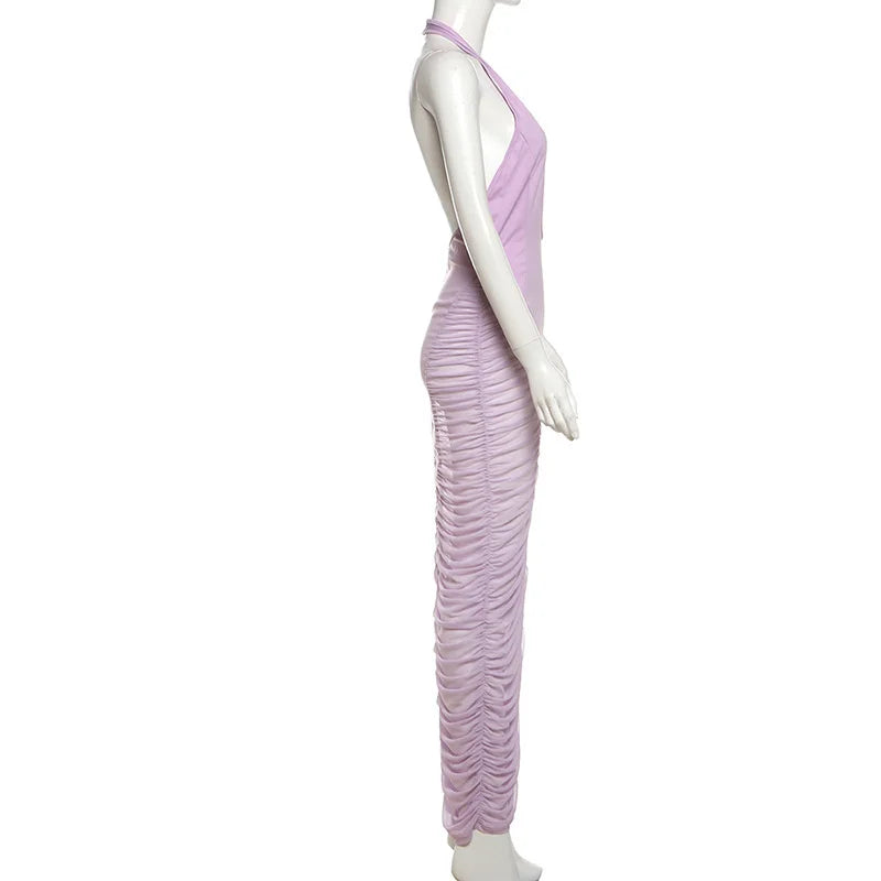 Purple Deep V Neck Ruched Maxi Dress