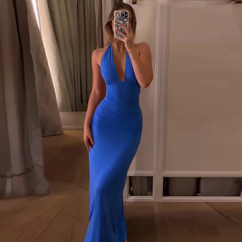 Deep Neck Halter Bodycon Maxi Dress