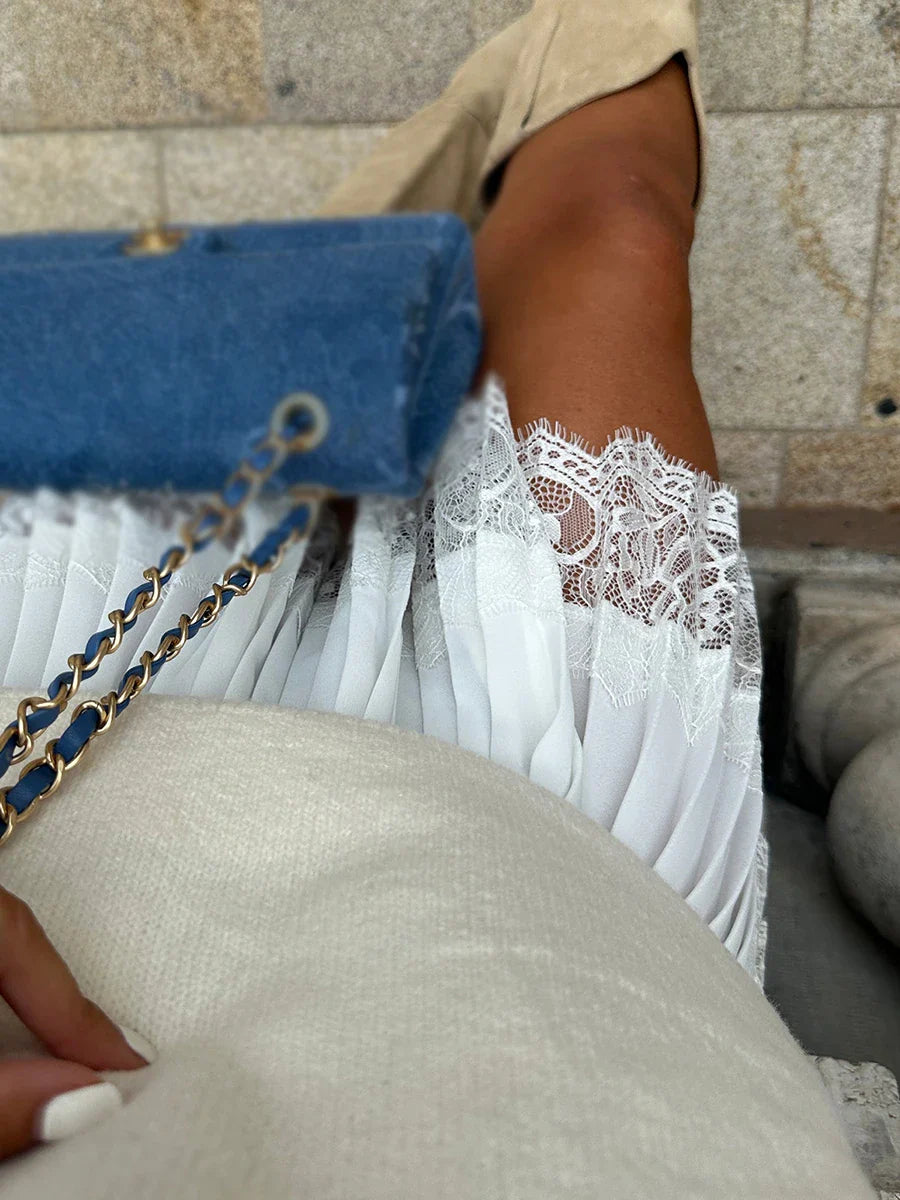 High Waist Lace Pleated Mini Skirt - Y2K A-Line