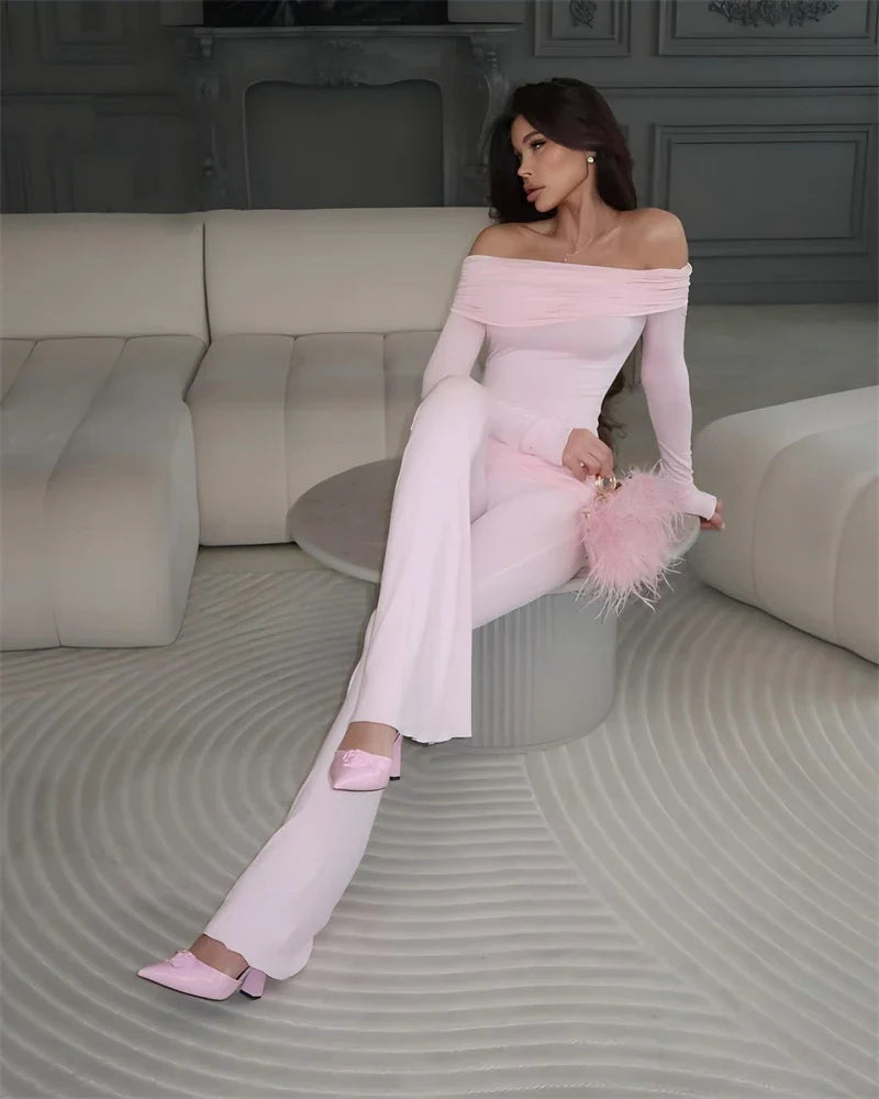 Long Sleeve Off-Shoulder Top And Ruched Pants Set