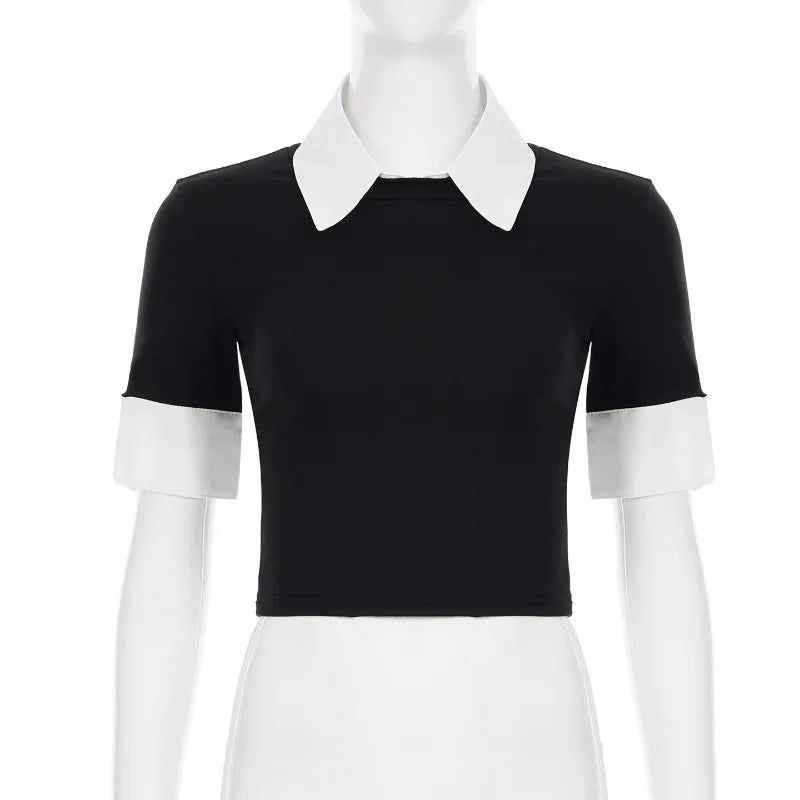 Black T-shirt Two Tone Collar Top