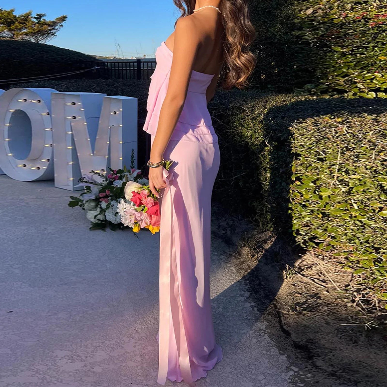 Pink Ruffle Tube Top And Maxi Skirt Set