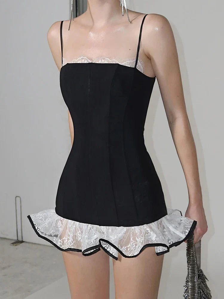 Black Solid Cami Lace Frill Trim Mini Dress