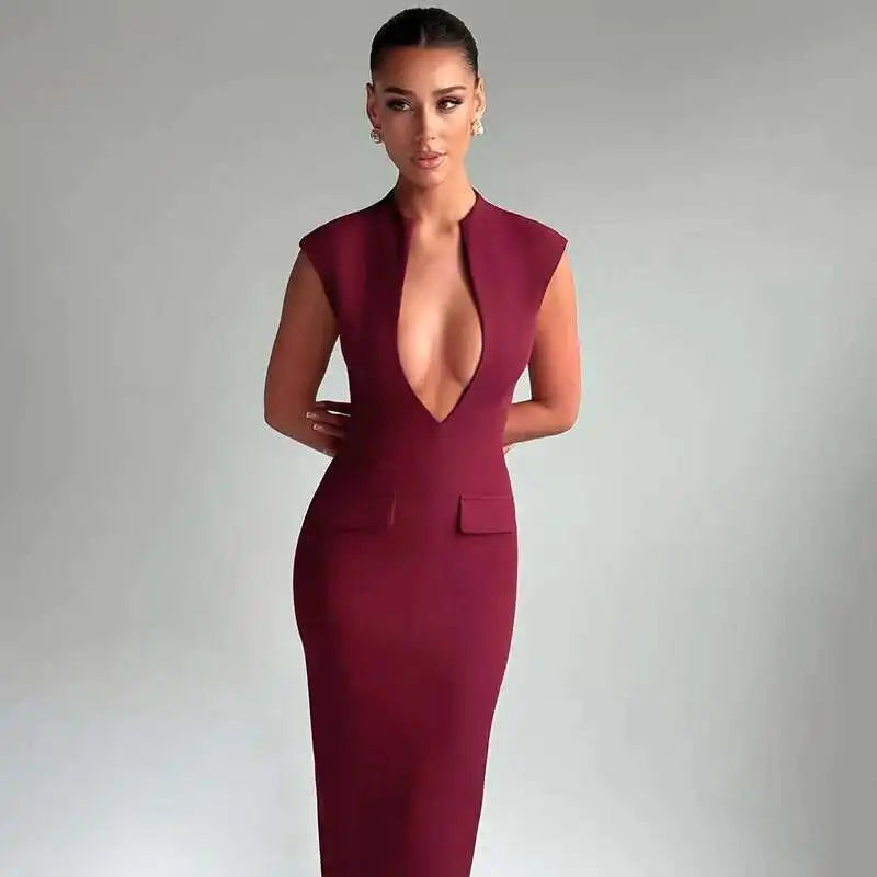 Deep Neck Short Sleeve Solid Midi Dress