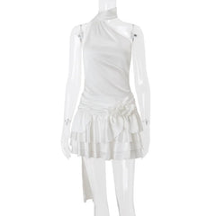 White Satin Halter Frill Flower Drape Mini Dress