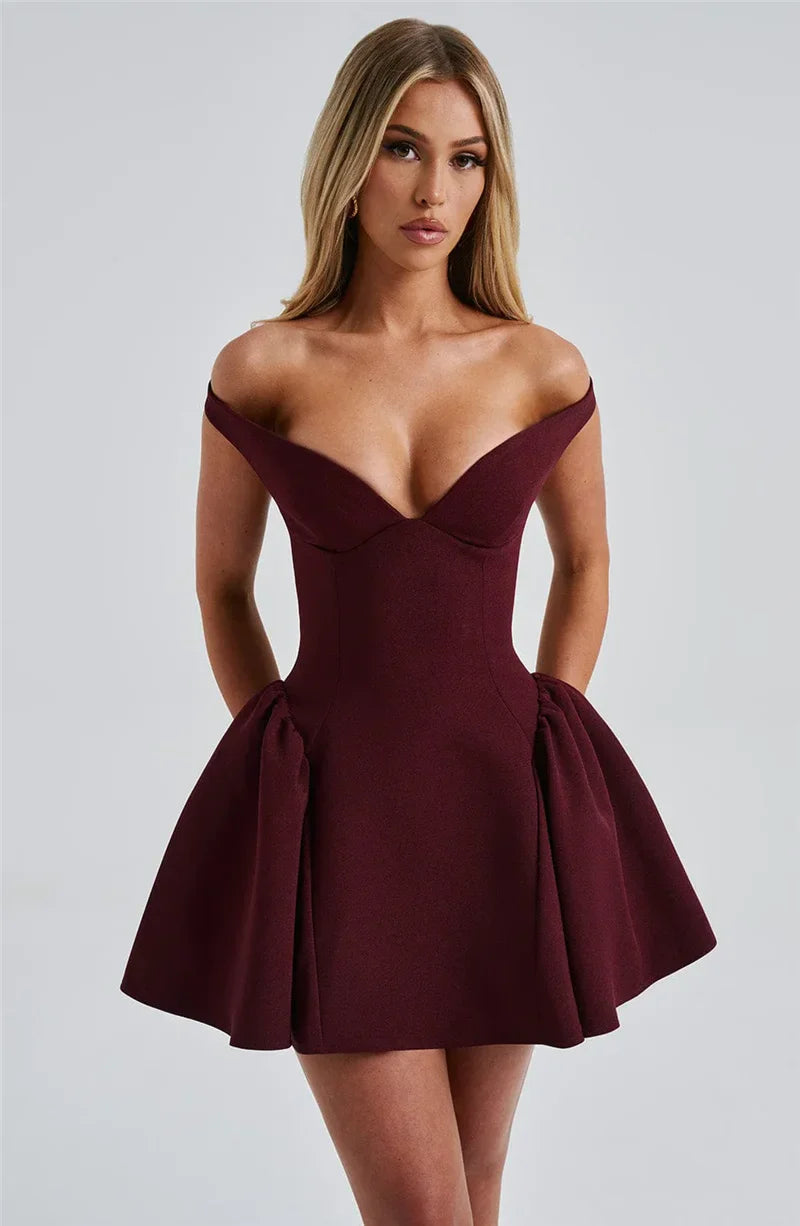 Burgundy Off-shoulder Mini Dress
