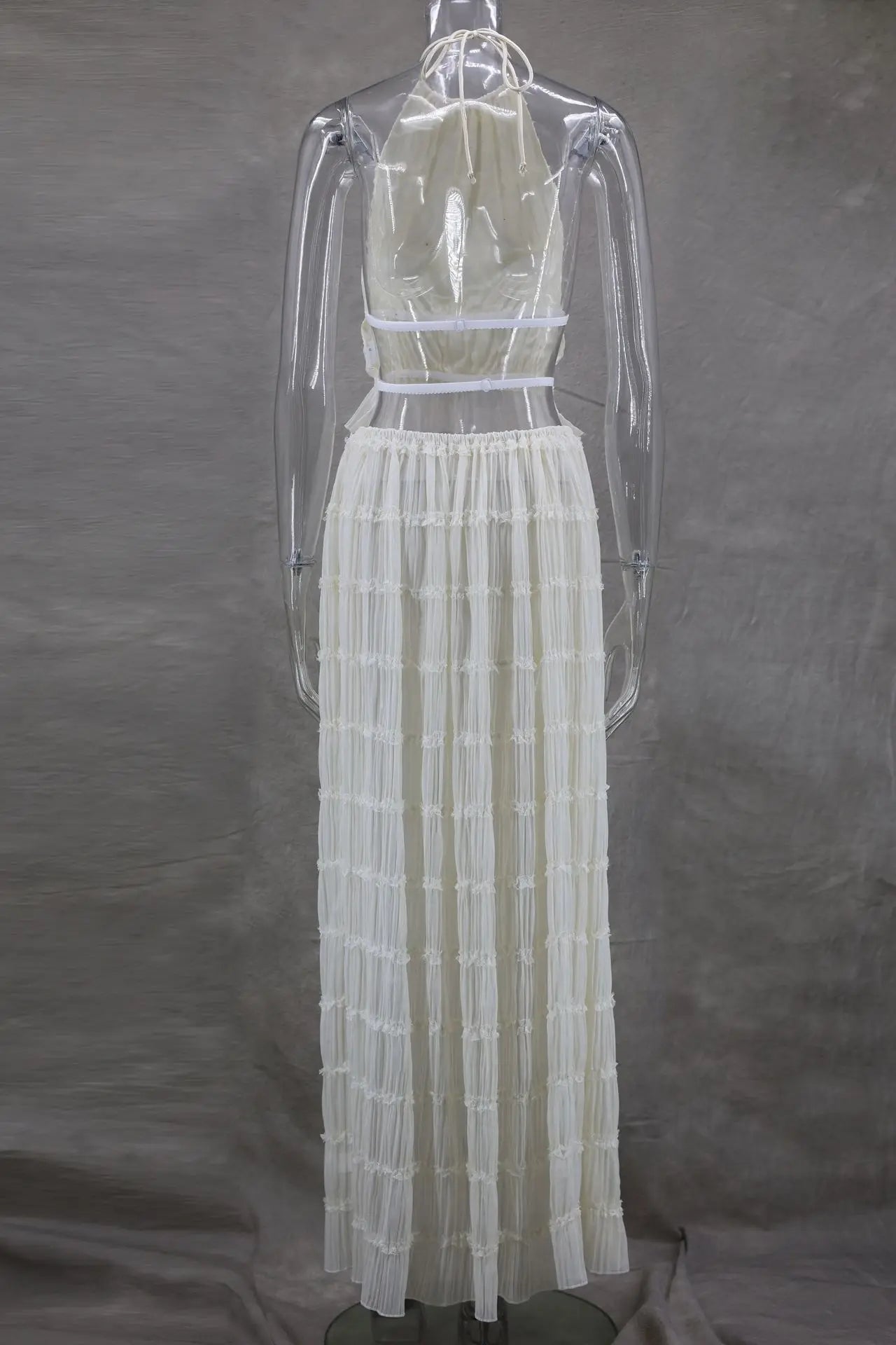 Halterneck Ruched Open Back Tie Up Top And Maxi Skirt Set
