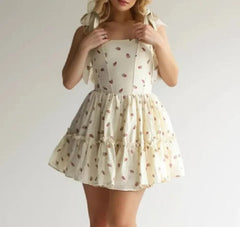 Beige Strawberry Print Tie Strap Mini Dress