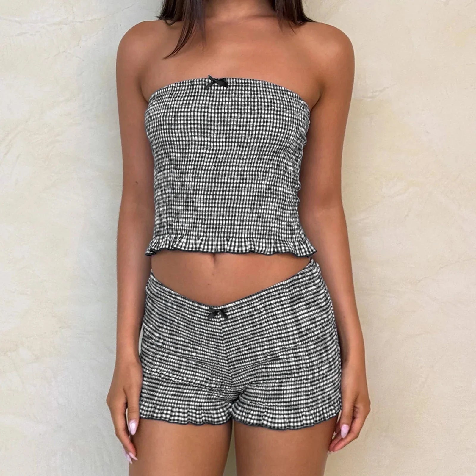 Black Plaid Smocked Tube Top & Shorts Set - Hot Sweet Style