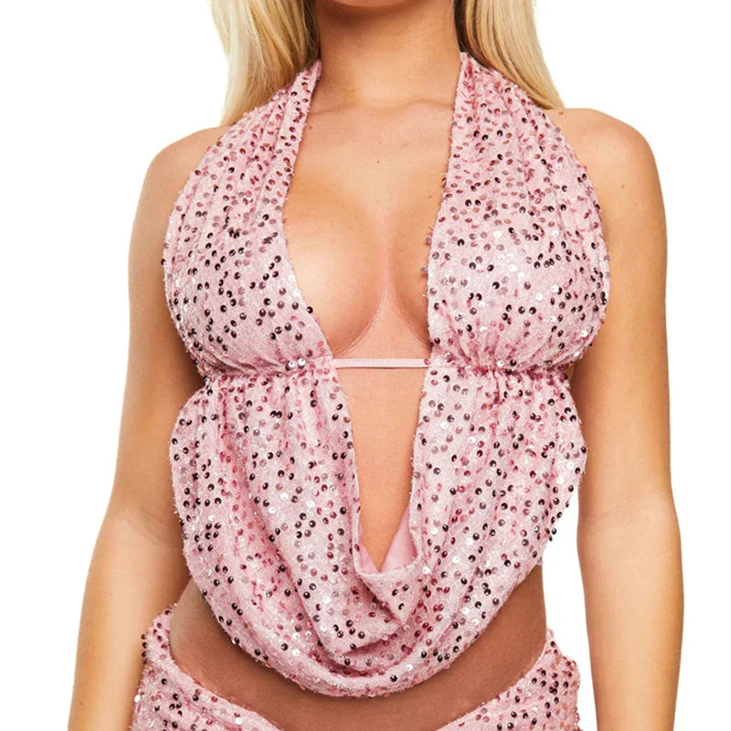 Sequin Low Cut V-Neck Halter Top