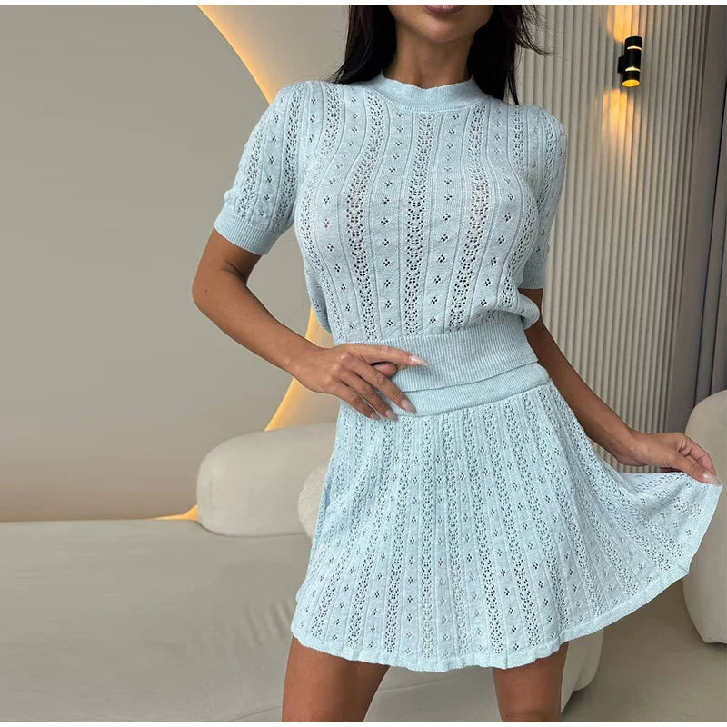 O-neck Knitted  Short Sleeve Top And Mini Skirt Set