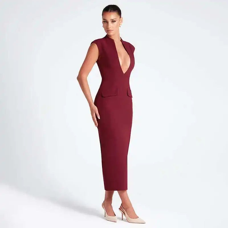 Deep Neck Short Sleeve Solid Midi Dress