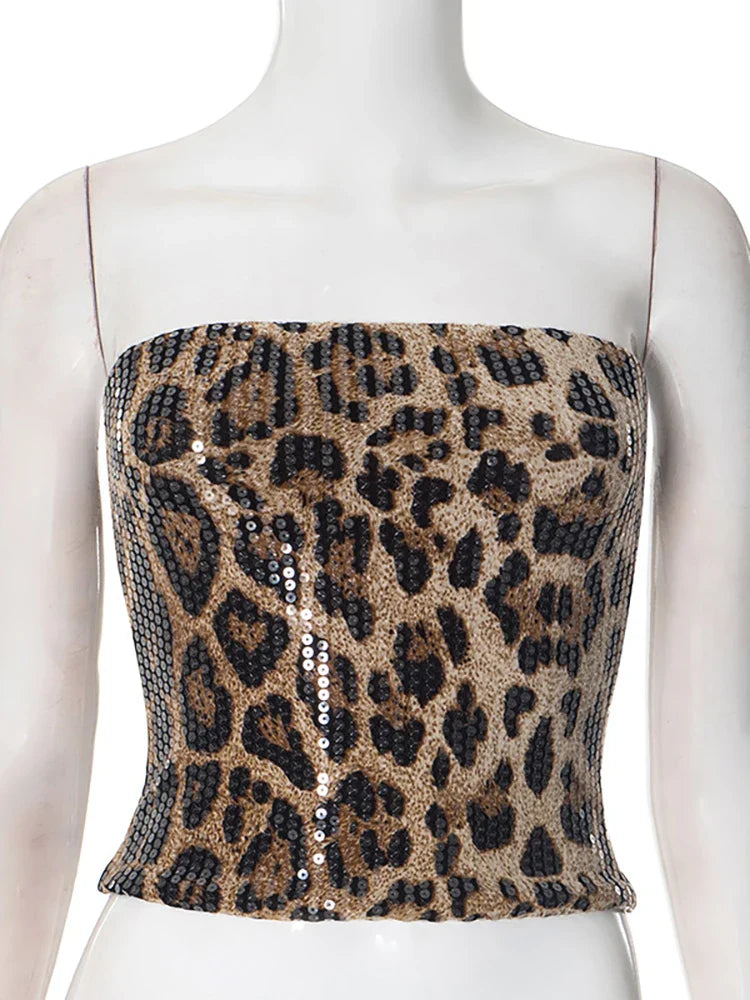 Strapless Print Leopard Sequin Crop Top