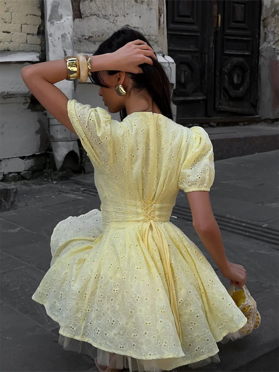 Yellow Tie-Up Puff Sleeve Mini Dress - Office Lady Slim Fit